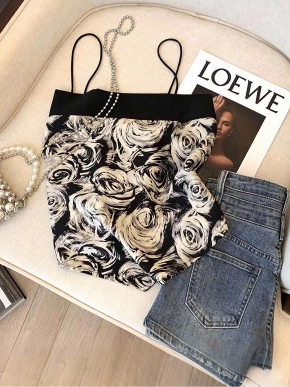 Floral Brushstroke Cami Top in Black & Cream
